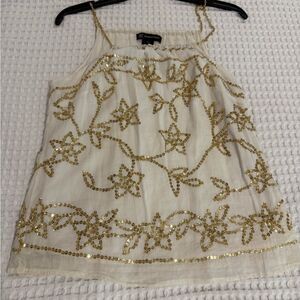 Vintage INC Crocheted with Gold sequins natural cotton gold chain halter top